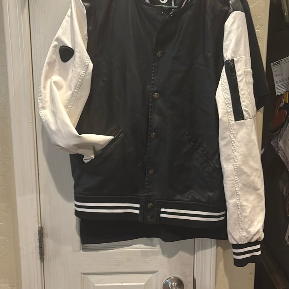 Fried Denim Black and White Varsity Jacket Sz: Small